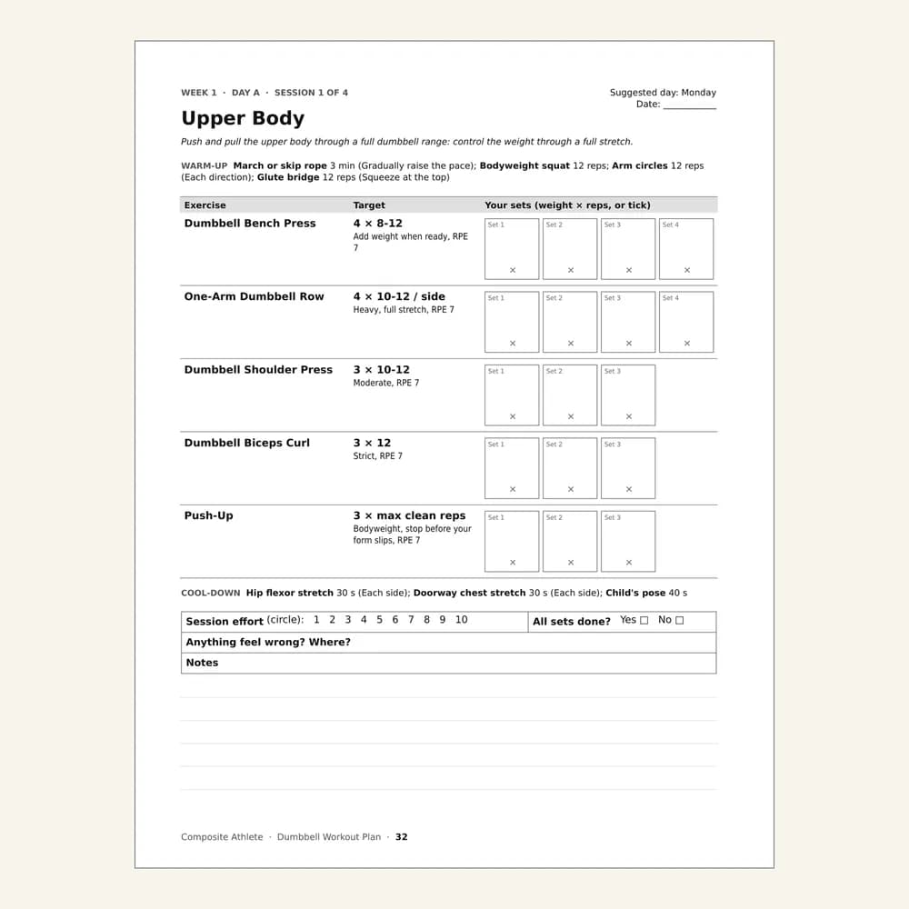 A session page from The 8-Week Dumbbell Workout Plan